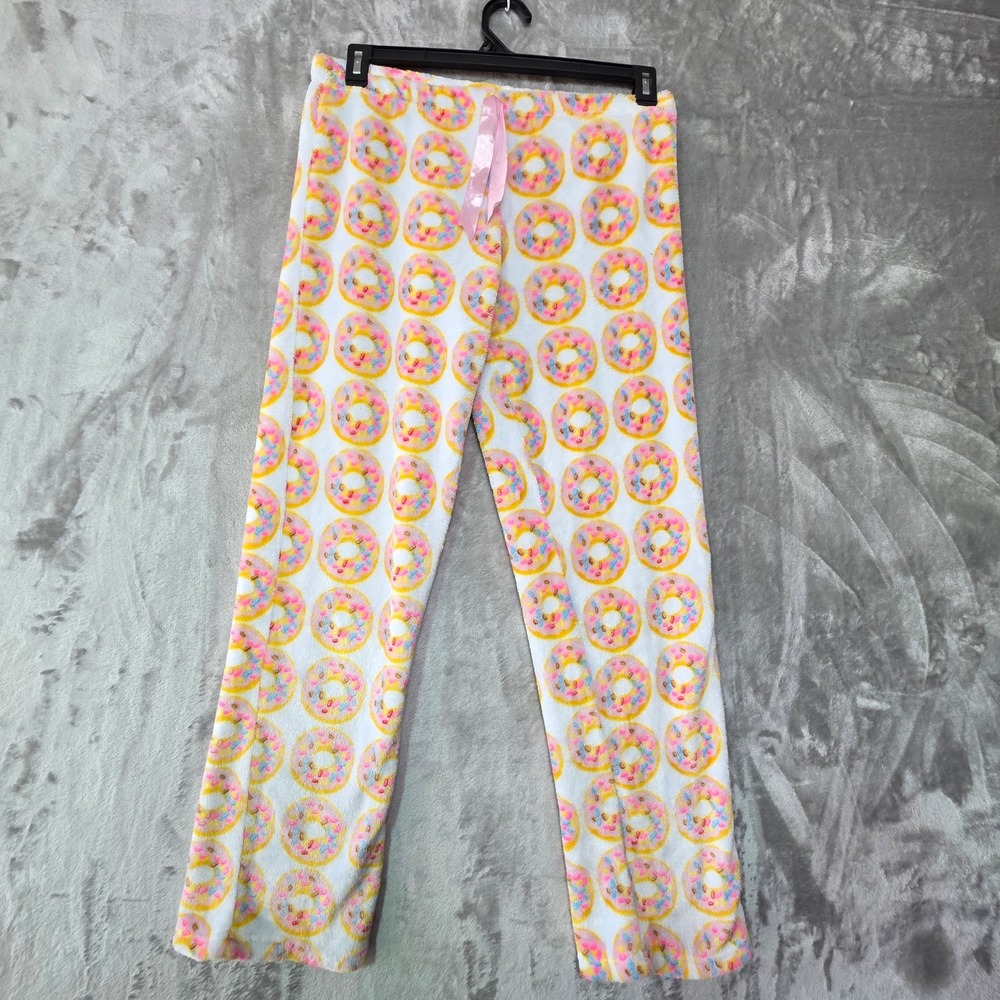 Saturdaze Womens Large Plush Pajama Pants White Donut Print Fleece Sleepwear